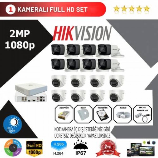 Hikvision 16'lı Set 2 Mp 1080p Hd Kamera Sistemi…