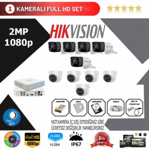 Hikvision 10'lu Set 2 Mp 1080p Hd Kamera Sistemi…