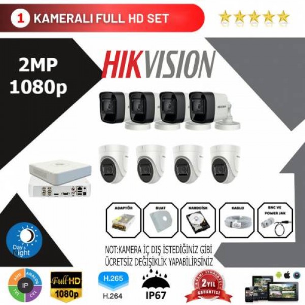 Hikvision 8'li Set 2 Mp 1080p Hd Kamera Sistemi…