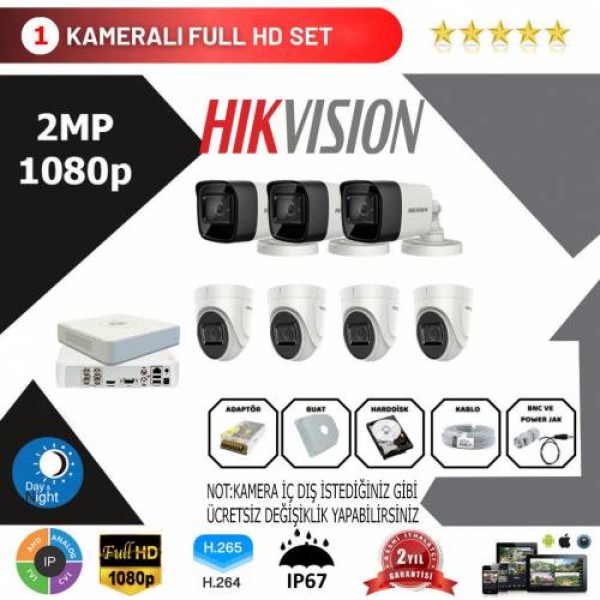 Hikvision 7'li Set 2 Mp 1080p Hd Kamera Sistemi…