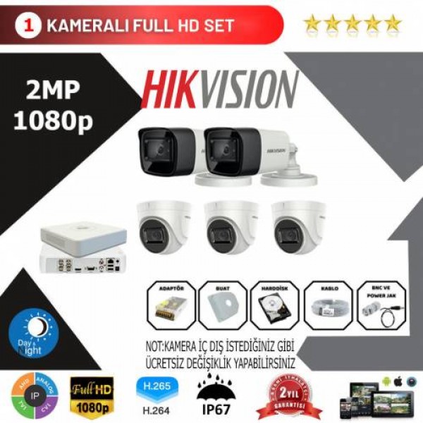 Hikvision 5'li Set 2 Mp 1080p Hd Kamera Sistemi…