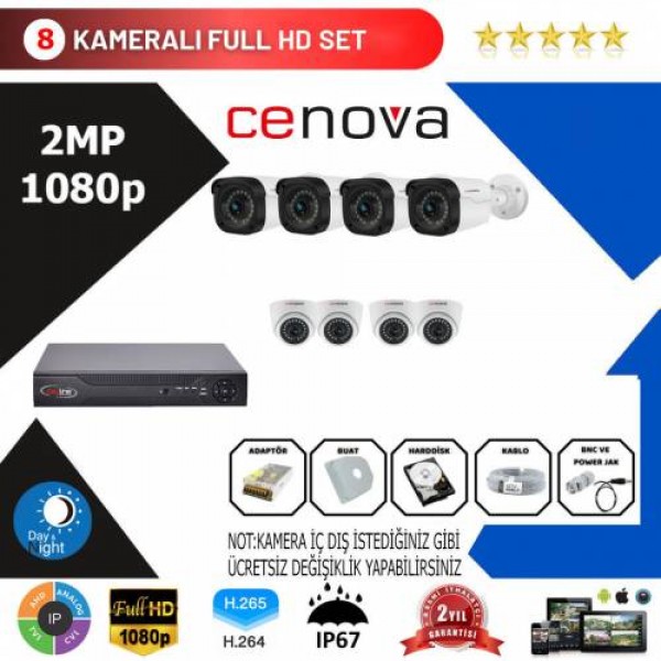 Cenova 8'li Set 2 Mp 1080p Hd Kamera Sistemi…