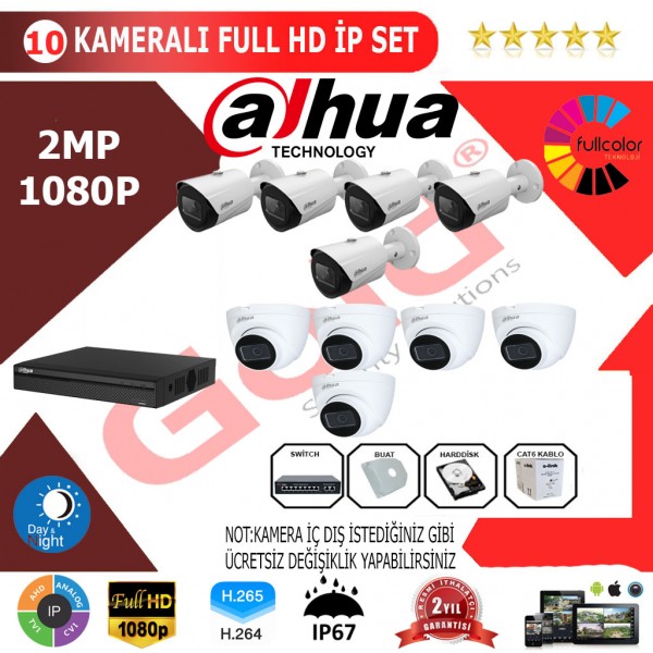 Dahua 10'lu 2MP 1080P İP Kamera Seti…