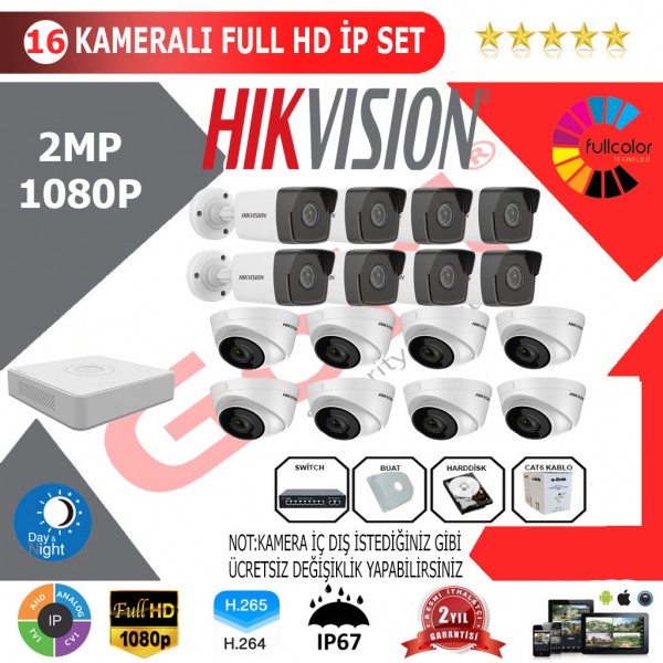 Hikvision 16'lı 2MP 1080P İP Kamera Seti…