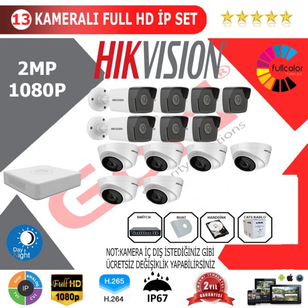 Hikvision 13'lü 2MP 1080P İP Kamera Seti…