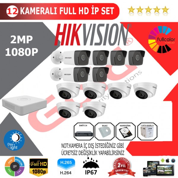 Hikvision 12'li 2MP 1080P İP Kamera Seti…