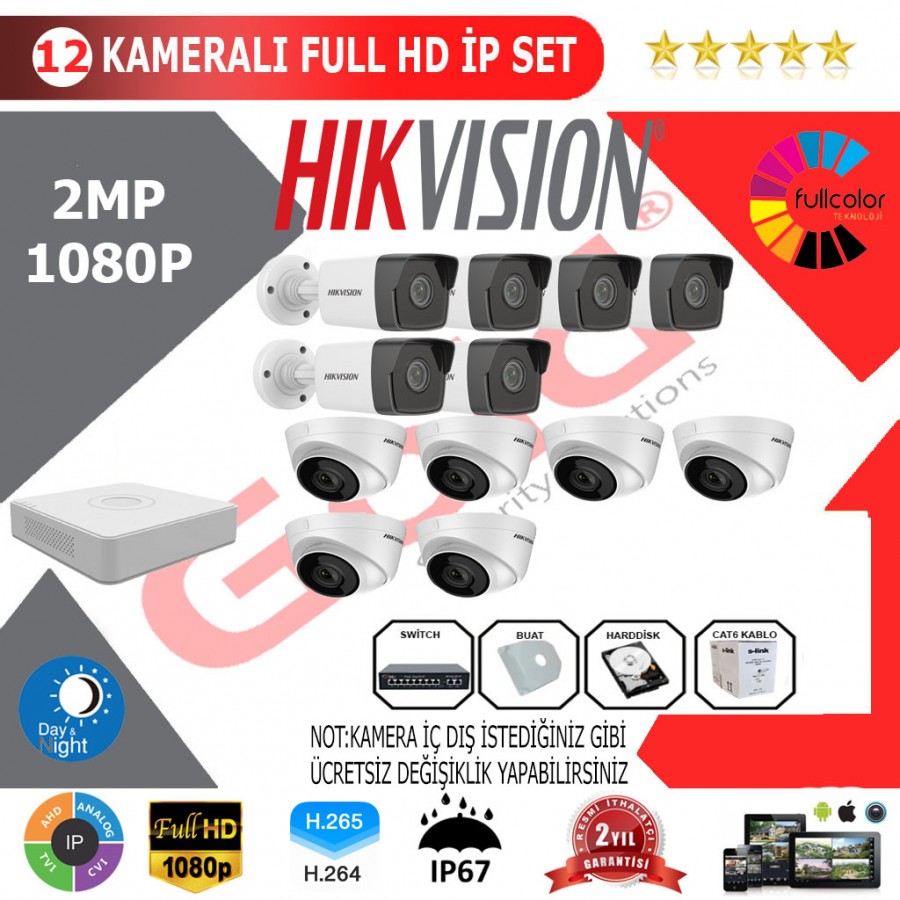 Hikvision 12'li 2MP 1080P İP Kamera Seti