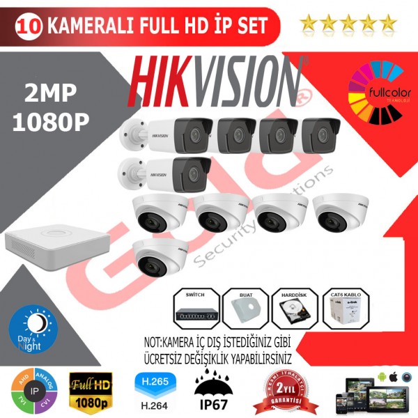 Hikvision 10'lu 2MP 1080P İP Kamera Seti…