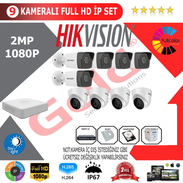 Hikvision 9'lu 2MP 1080P İP Kamera Seti…