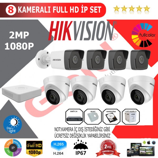 Hikvision 8'li 2MP 1080P İP Kamera Seti…