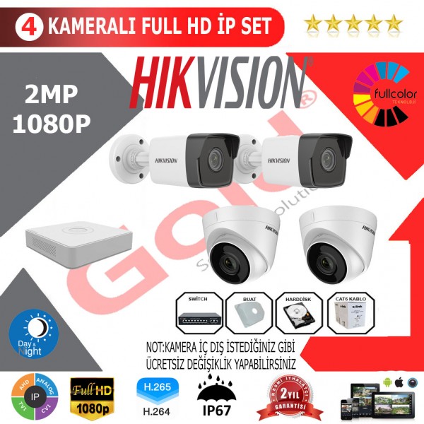 Hikvision 4'lü 2MP 1080P İP Kamera Seti…