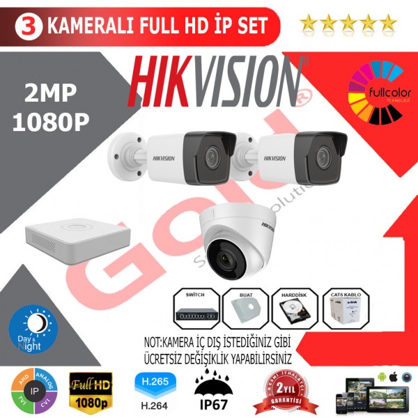 Hikvision 3'lü 2MP 1080P İP Kamera Seti…