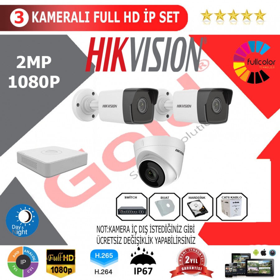 Hikvision 3'lü 2MP 1080P İP Kamera Seti