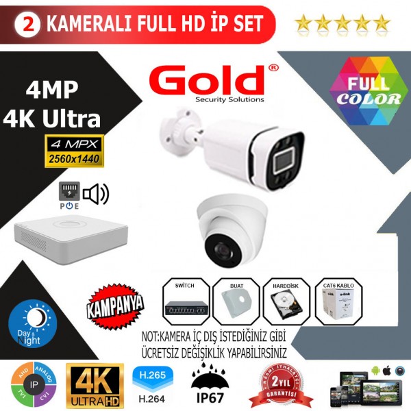 GOLD 2'lİ 4MP 4K ULTRA İP Kamera Seti…