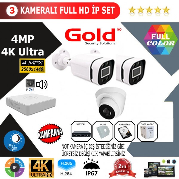 GOLD 3'lİ 4MP 4K ULTRA İP Kamera Seti…