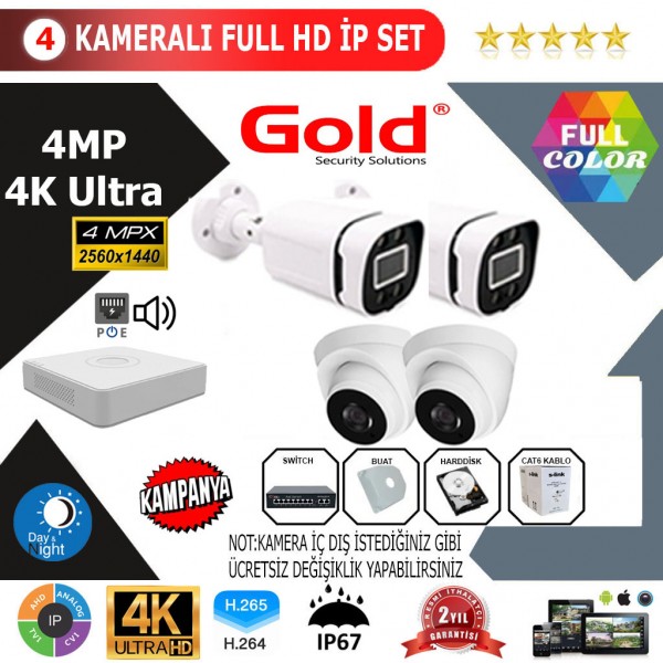 GOLD 4'lİ 4MP 4K ULTRA İP Kamera Seti…