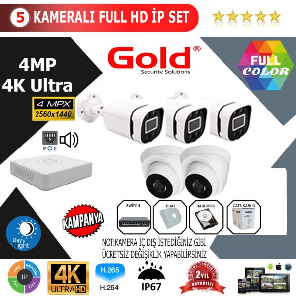 GOLD 5'lİ 4MP 4K ULTRA İP Kamera Seti…