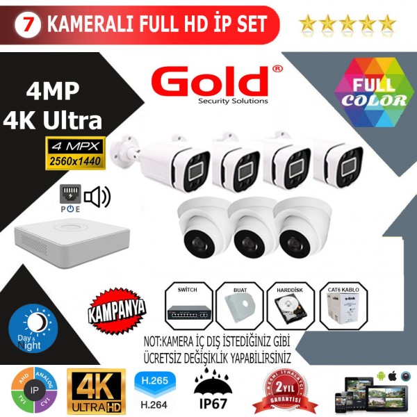 GOLD 7'lİ 4MP 4K ULTRA İP Kamera Seti…