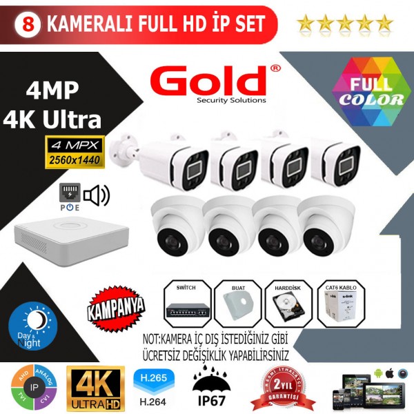 GOLD 8'lİ 4MP 4K ULTRA İP Kamera Seti…