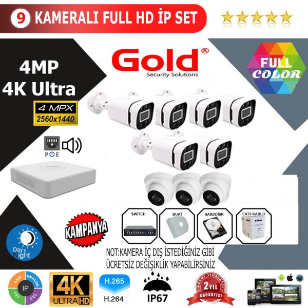 GOLD 9'lİ 4MP 4K ULTRA İP Kamera Seti…