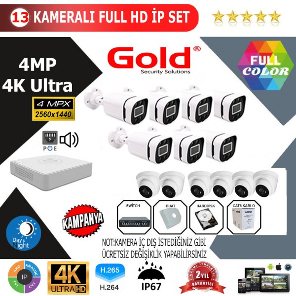 GOLD 13'lİ 4MP 4K ULTRA İP Kamera Seti…