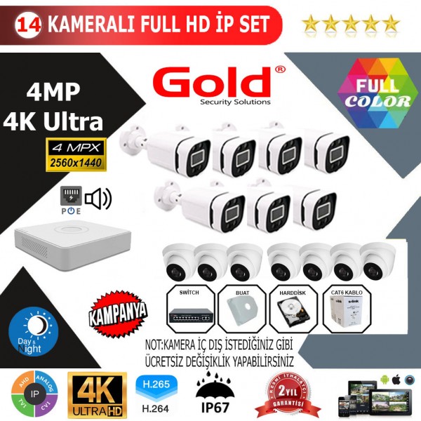 GOLD 14'lİ 4MP 4K ULTRA İP Kamera Seti…